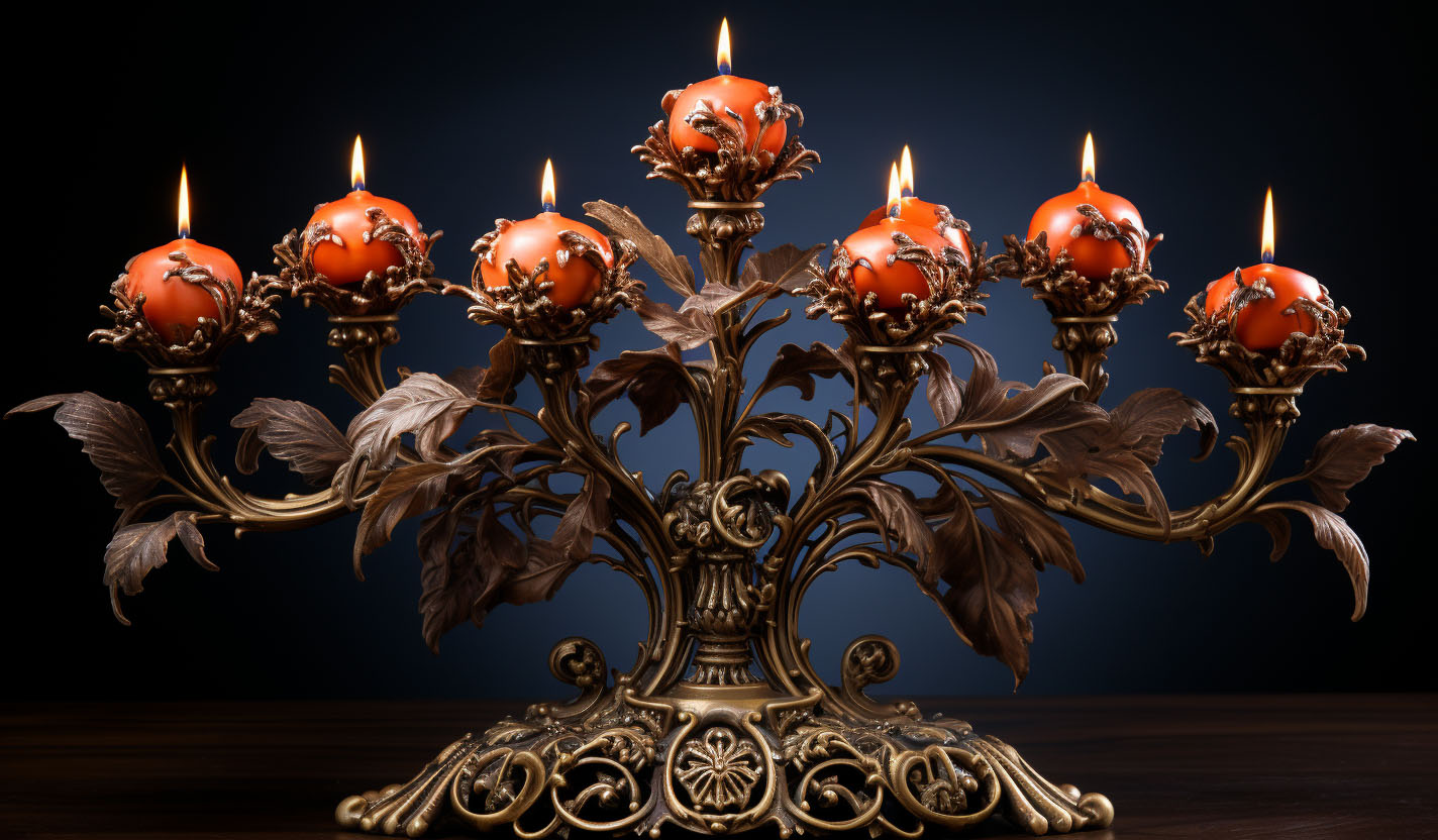 a-golden-candelabra-with-orange-candles-on-a-wooden-table